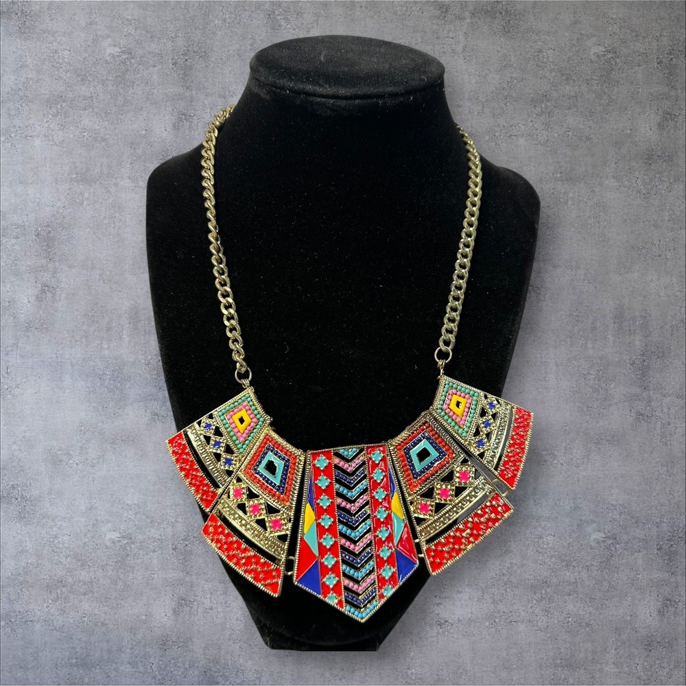 Unmarked Enamel Bib Necklace Multicolor Geometric Statement Gold Tone‎